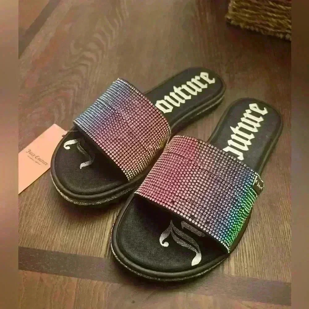 Juicy Couture Womens Slip On Rainbow Bling Rhinestone Slides Sandals Size 5M NEW